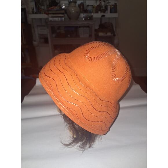 Vintage Union Made 60s 70s Fall Orange Floral Stitched Wool Bucket Style Hat - Picture 4 of 4